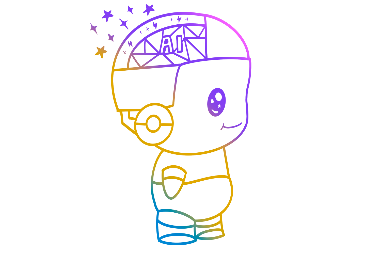 Machine Learning Course Image, a cute humanoid AI with a sparkly steampunk brain