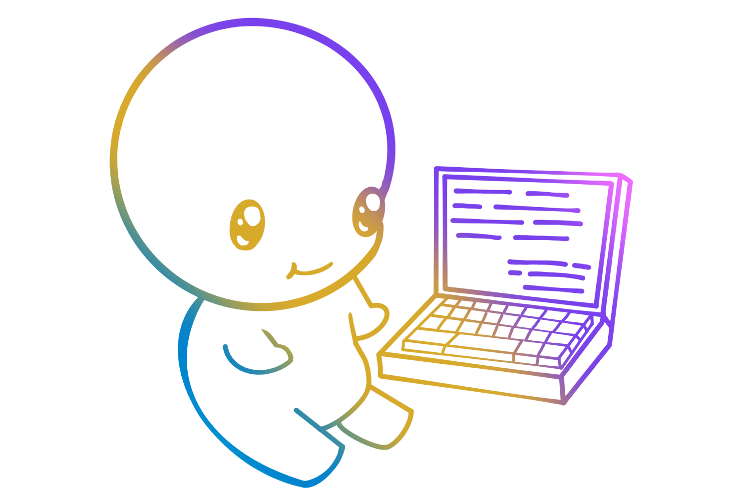 Web Dev Course Image, a cute humanoid working on a laptop